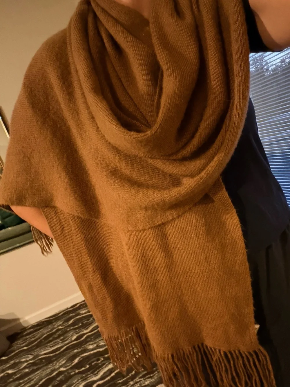 100% Baby Alpaca Cozy Camel colored Fringed Knit Scarf #149